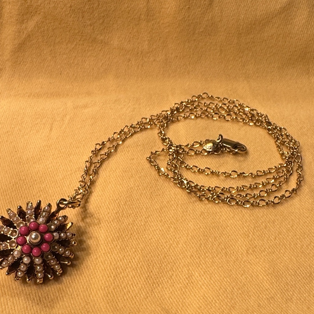 J. Crew Gold Necklace with Pink and Pearl Floral Pendant